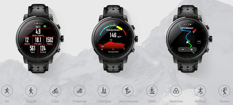 Вариации отображения информации на женских смарт-часах Amazfit Stratos.